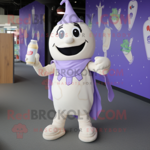 Lavender Bottle Of Milk mascot costume character dressed with a Playsuit and Scarves