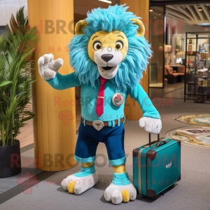 Turquoise Tamer Lion mascot costume character dressed with a Jeans and Briefcases