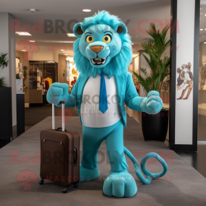 Turquoise Tamer Lion mascot costume character dressed with a Jeans and Briefcases