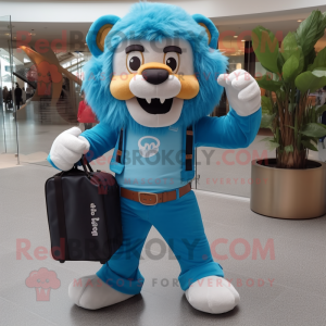 Turquoise Tamer Lion mascot costume character dressed with a Jeans and Briefcases