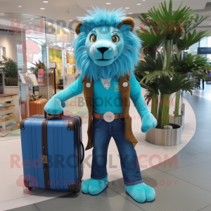 Turquoise Tamer Lion mascot costume character dressed with a Jeans and Briefcases