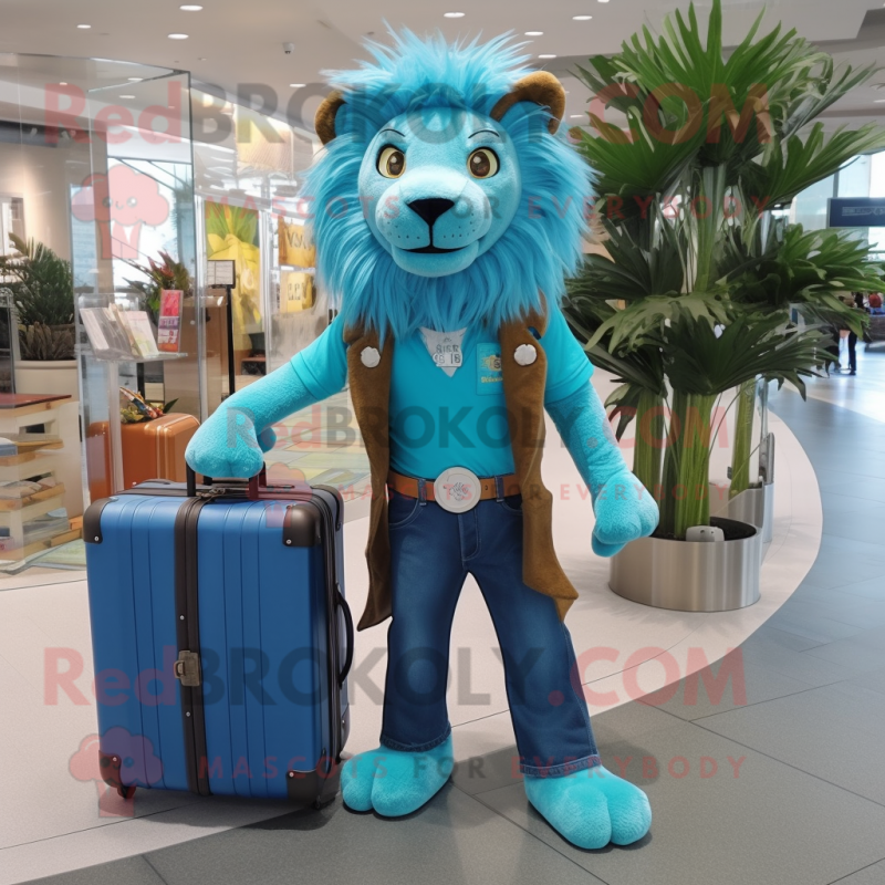 Turquoise Tamer Lion mascot costume character dressed with a Jeans and Briefcases Turquoise Tamer Lion mascot costume character dressed with a Jeans and Briefcases