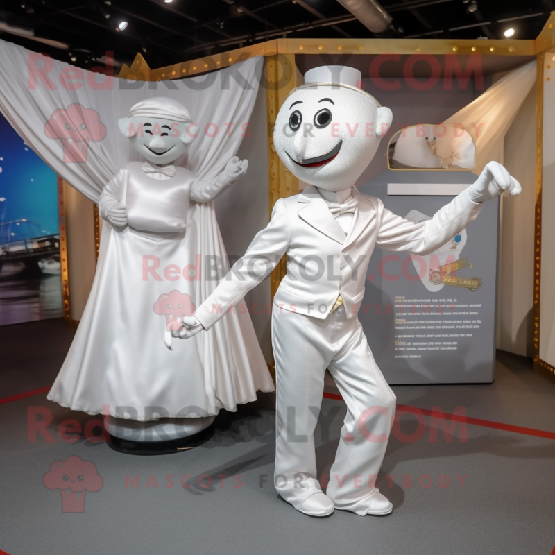 Silver Trapeze Artist mascot costume character dressed with a Wedding Dress and Pocket squares