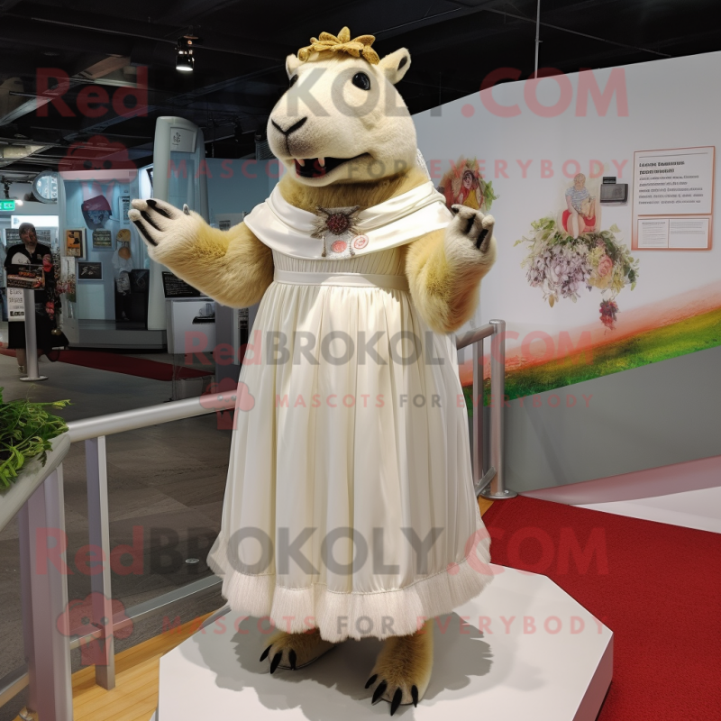 Cream Capybara mascot costume character dressed with a Wedding Dress and Foot pads