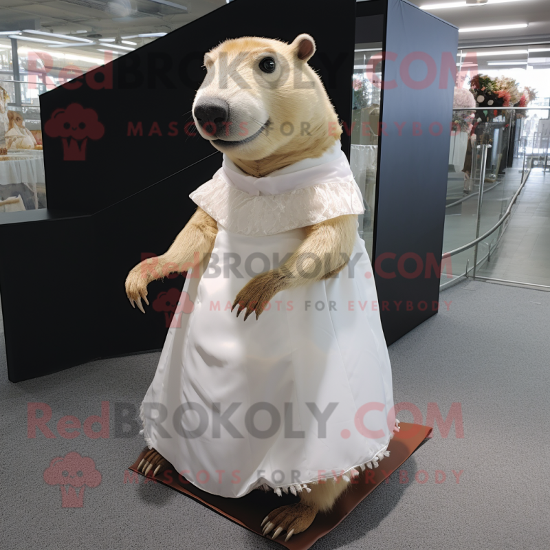 Cream Capybara mascot costume character dressed with a Wedding Dress and Foot pads