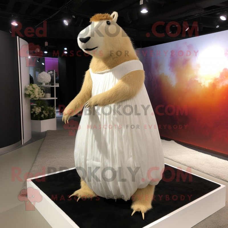 Cream Capybara mascot costume character dressed with a Wedding Dress and Foot pads Cream Capybara mascot costume character dressed with a Wedding Dress and Foot pads