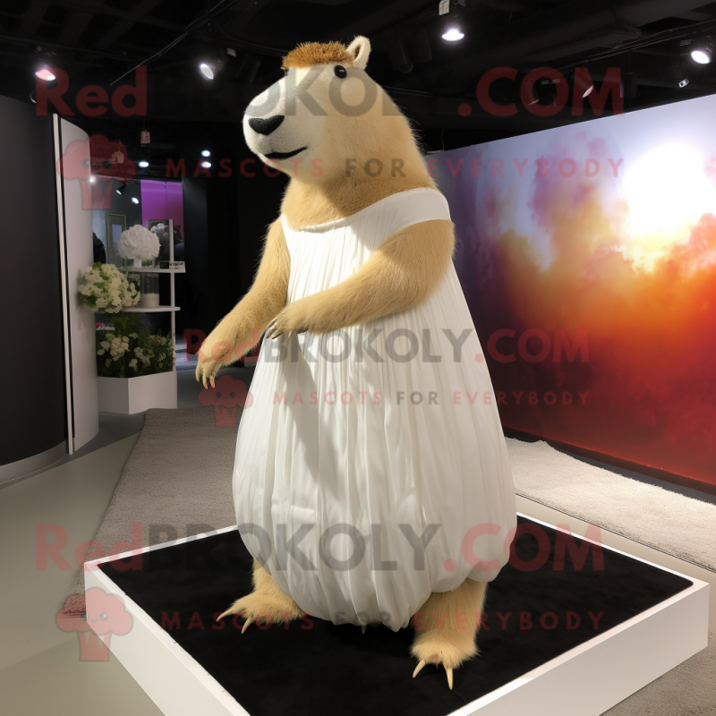 Cream Capybara mascot costume character dressed with a Wedding Dress and Foot pads