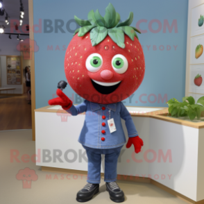 Red Strawberry mascot costume character dressed with a Chambray Shirt and Necklaces