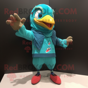 Turquoise Woodpecker mascot costume character dressed with a Hoodie and Lapel pins