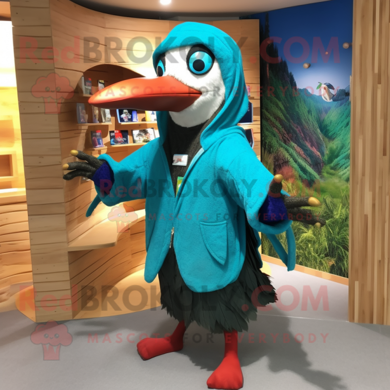 Turquoise Woodpecker mascot costume character dressed with a Hoodie and Lapel pins