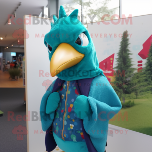 Turquoise Woodpecker mascot costume character dressed with a Hoodie and Lapel pins