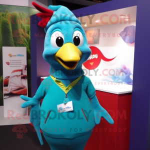 Turquoise Woodpecker mascot costume character dressed with a Hoodie and Lapel pins