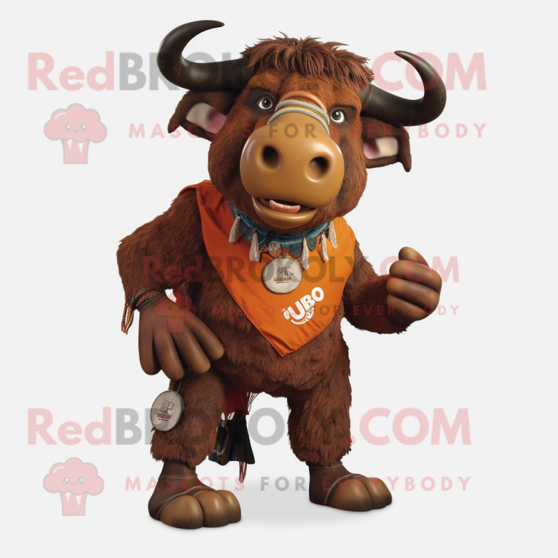 Rust Buffalo mascot costume character dressed with a T-Shirt and Bracelets