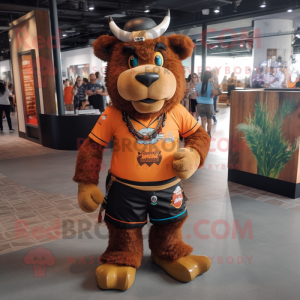 Rust Buffalo mascot costume character dressed with a T-Shirt and Bracelets