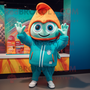 Teal Enchiladas mascot costume character dressed with a Windbreaker and Beanies