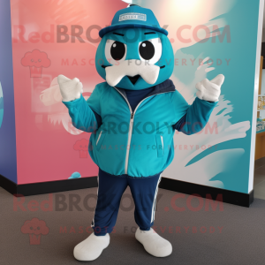 Teal Enchiladas mascot costume character dressed with a Windbreaker and Beanies