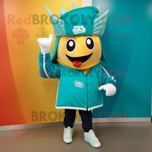 Teal Enchiladas mascot costume character dressed with a Windbreaker and Beanies