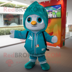 Teal Enchiladas mascot costume character dressed with a Windbreaker and Beanies