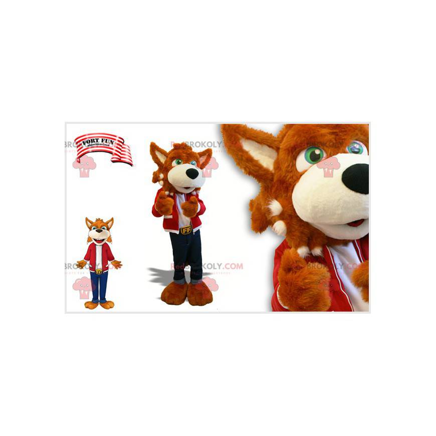 Mascote raposa macia e colorida de laranja e branco -