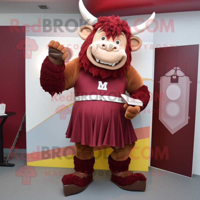 Maroon Minotaur mascot costume character dressed with a Pencil Skirt and Watches