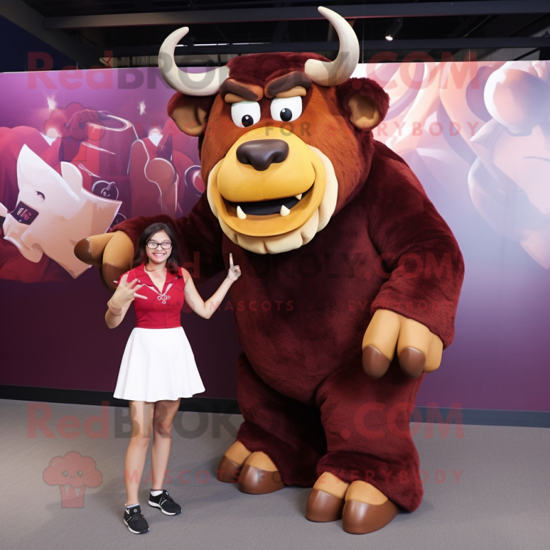 Maroon Minotaur mascot costume character dressed with a Pencil Skirt and Watches