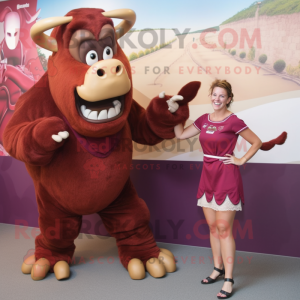 Maroon Minotaur mascot costume character dressed with a Pencil Skirt and Watches