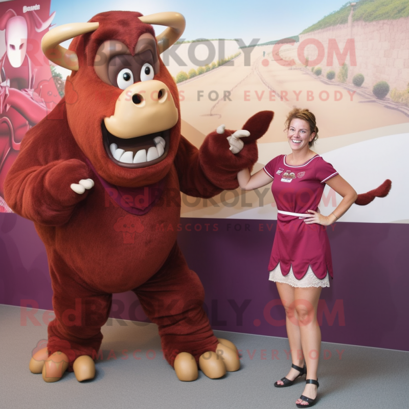 Maroon Minotaur mascot costume character dressed with a Pencil Skirt and Watches Maroon Minotaur mascot costume character dressed with a Pencil Skirt and Watches
