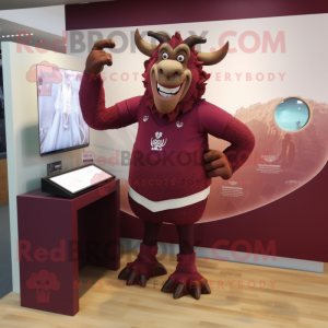 Maroon Minotaur mascot costume character dressed with a Pencil Skirt and Watches