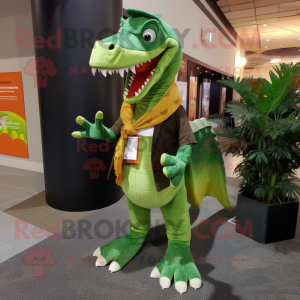 Green Spinosaurus mascot costume character dressed with a Suit Pants and Scarves
