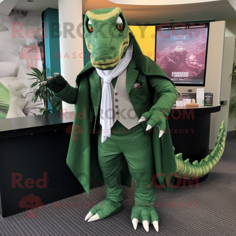 Green Spinosaurus mascot costume character dressed with a Suit Pants and Scarves