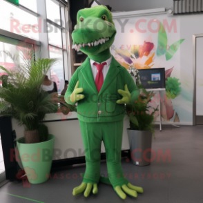 Green Spinosaurus mascot costume character dressed with a Suit Pants and Scarves