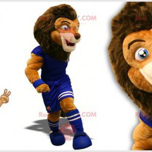 Mascota de león marrón bicolor en traje de fútbol -