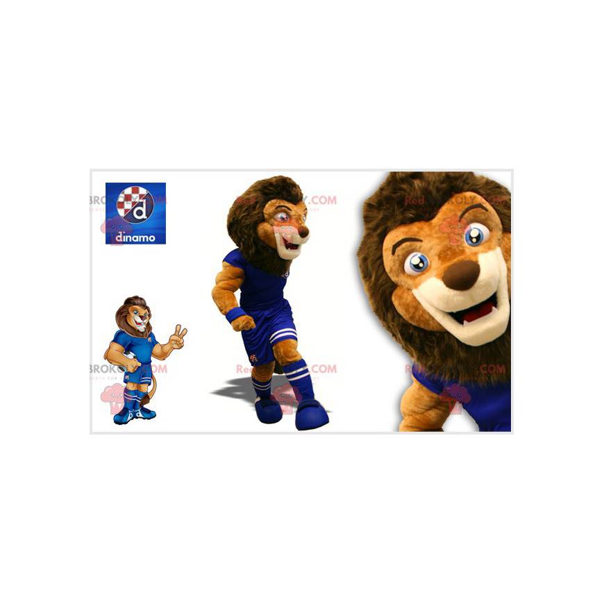 Mascote leão marrom bicolor em uniforme de futebol -