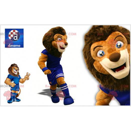 Mascota de león marrón bicolor en traje de fútbol -