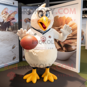 Cream Pigeon mascot costume character dressed with a Rugby Shirt and Rings