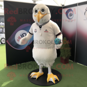 Cream Pigeon mascot costume character dressed with a Rugby Shirt and Rings