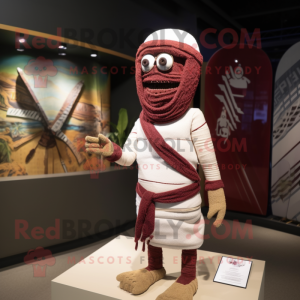 Maroon Mummy mascot costume character dressed with a Board Shorts and Lapel pins