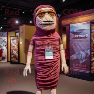 Maroon Mummy mascot costume character dressed with a Board Shorts and Lapel pins