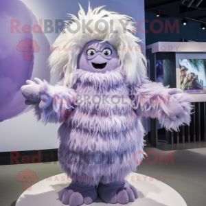 Lavender Yeti mascot costume character dressed with a Pleated Skirt and Hairpins