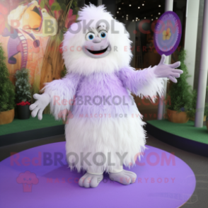 Lavender Yeti mascot costume character dressed with a Pleated Skirt and Hairpins
