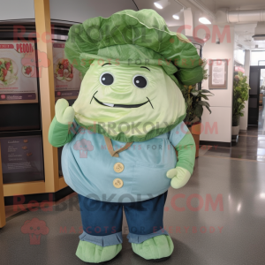 Cyan Corned Beef And Cabbage mascot costume character dressed with a Mom Jeans and Hat pins