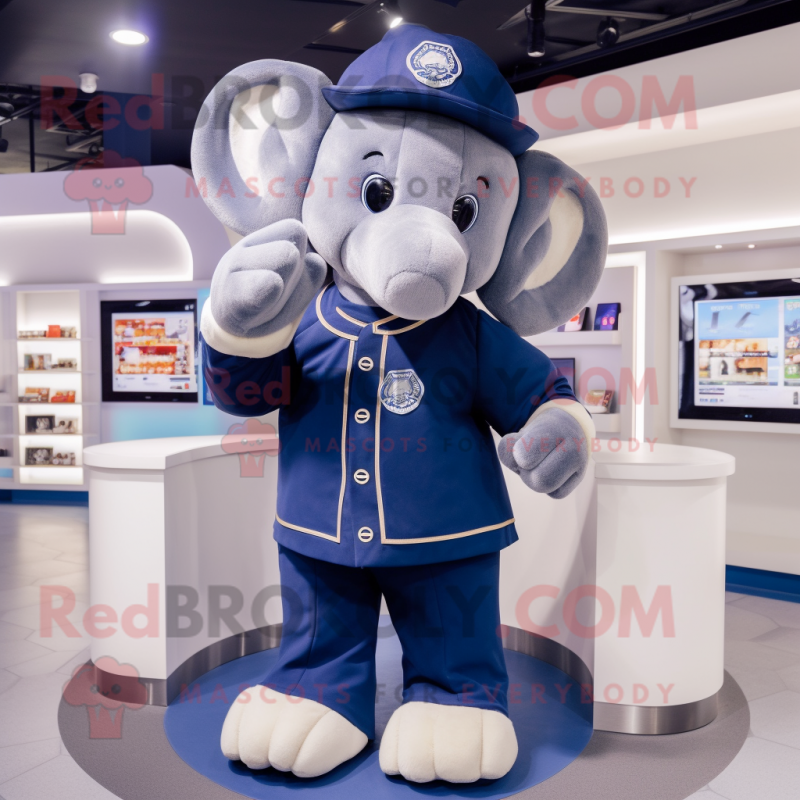 Navy Elephant mascot costume character dressed with a Sweatshirt and Coin purses