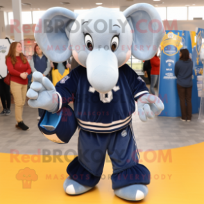 Navy Elephant mascot costume character dressed with a Sweatshirt and Coin purses