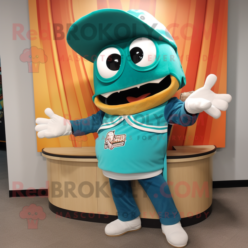 Teal Enchiladas mascot costume character dressed with a Polo Shirt and Beanies Teal Enchiladas mascot costume character dressed with a Polo Shirt and Beanies
