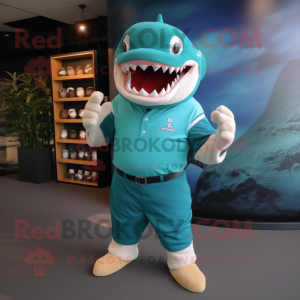 Teal Megalodon mascot costume character dressed with a Polo Shirt and Cummerbunds