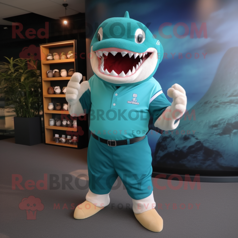 Teal Megalodon mascot costume character dressed with a Polo Shirt and Cummerbunds Teal Megalodon mascot costume character dressed with a Polo Shirt and Cummerbunds