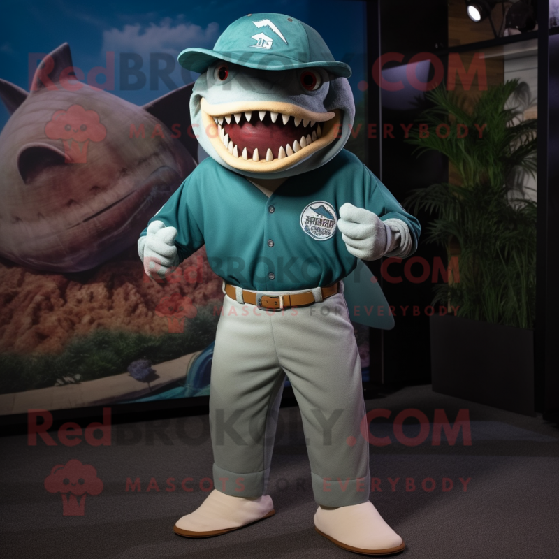 Teal Megalodon mascot costume character dressed with a Polo Shirt and Cummerbunds