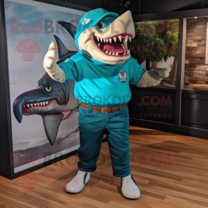 Teal Megalodon mascot costume character dressed with a Polo Shirt and Cummerbunds