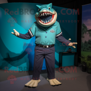Teal Megalodon mascot costume character dressed with a Polo Shirt and Cummerbunds