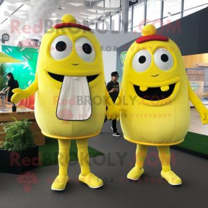 Lemon Yellow Burgers mascot costume character dressed with a Blouse and Backpacks